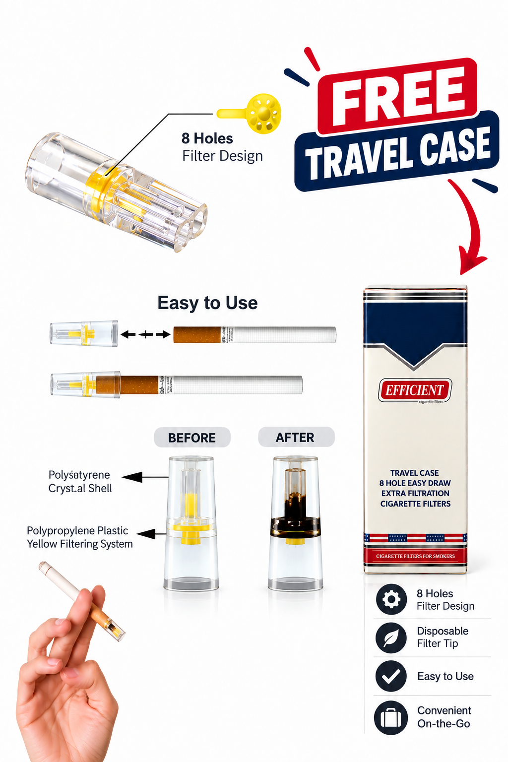 EFFICIENT Disposable Cigarette Filters 8-Hole 1000 Count Bulk Filter Tips with Free Travel Case