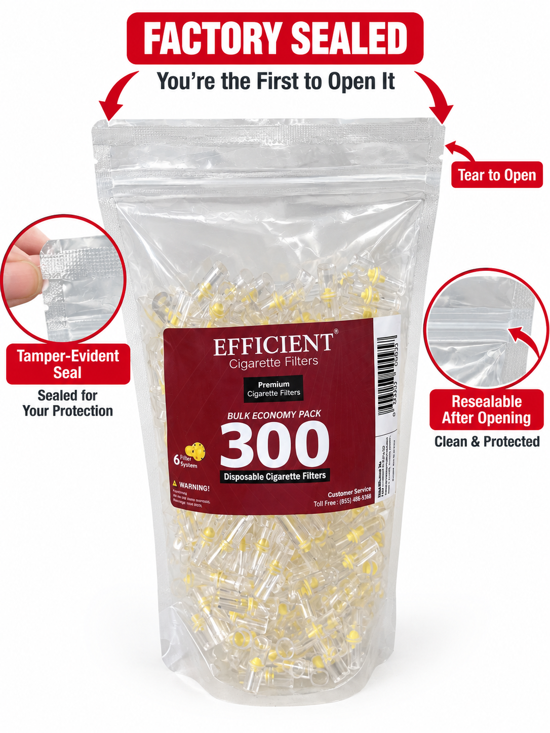 EFFICIENT Cigarette Filters 6-Hole 900 Count with FREE 150 Filters