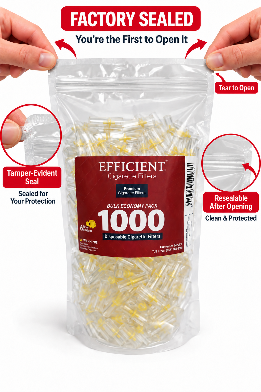 EFFICIENT Disposable Cigarette Filters 6-Hole 1000 Count Bulk Filter Tips