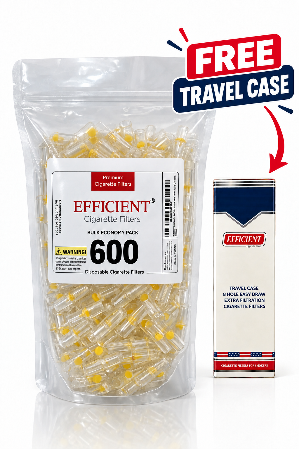 EFFICIENT Disposable Cigarette Filters 8-Hole 600 Count Bulk Filter Tips with Free Travel Case